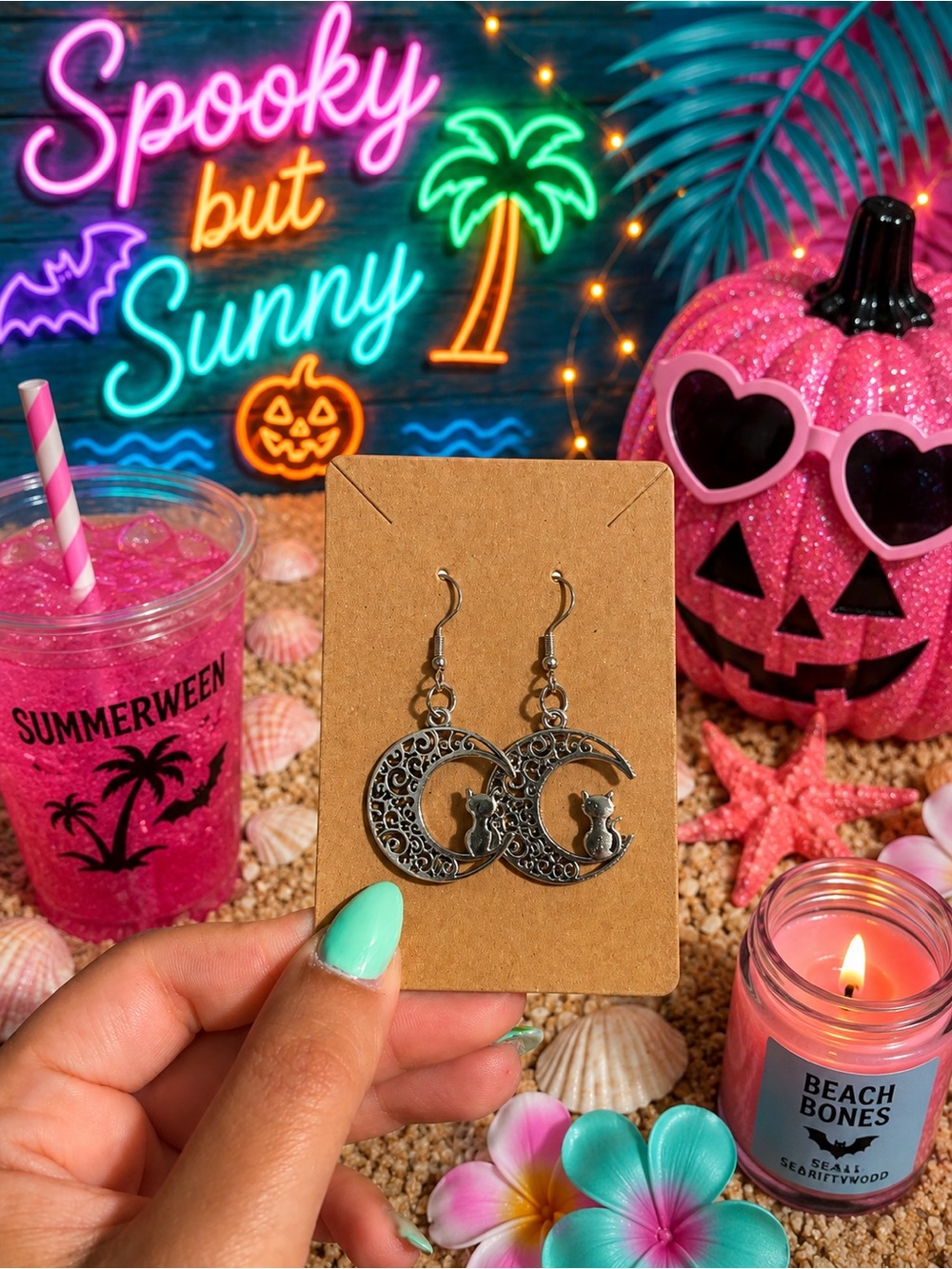 Summerween Silver Moon Cat Dangle Earrings - Mint Accent